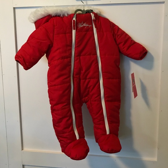 red baby snowsuit